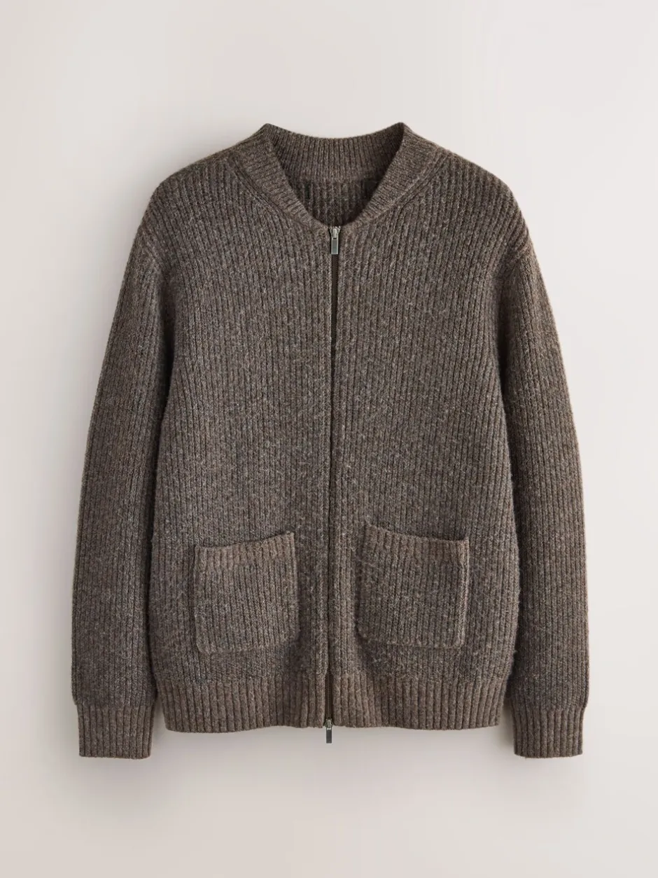 Gebreide Kleding|Next - Rib Texture Zip Through Cardigan with Wool Bruin