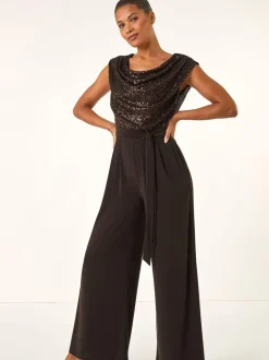 Jumpsuits En Playsuits|Roman - Paillettenlijfje met Watervalhals Jumpsuit Bruin