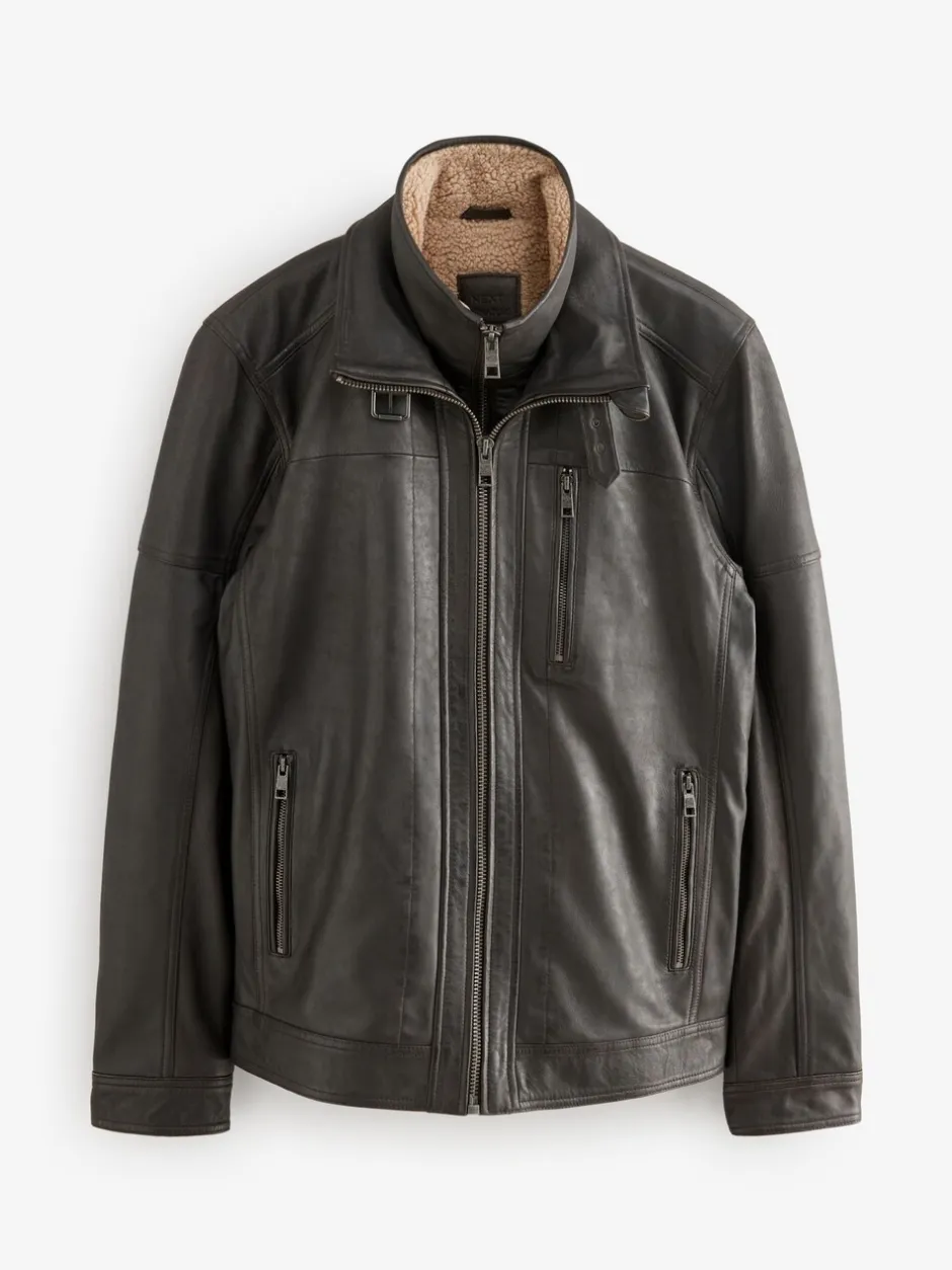 Jassen En Jacks*Next - Signature Four Pocket Borg Lined Leather Jacket Bruin
