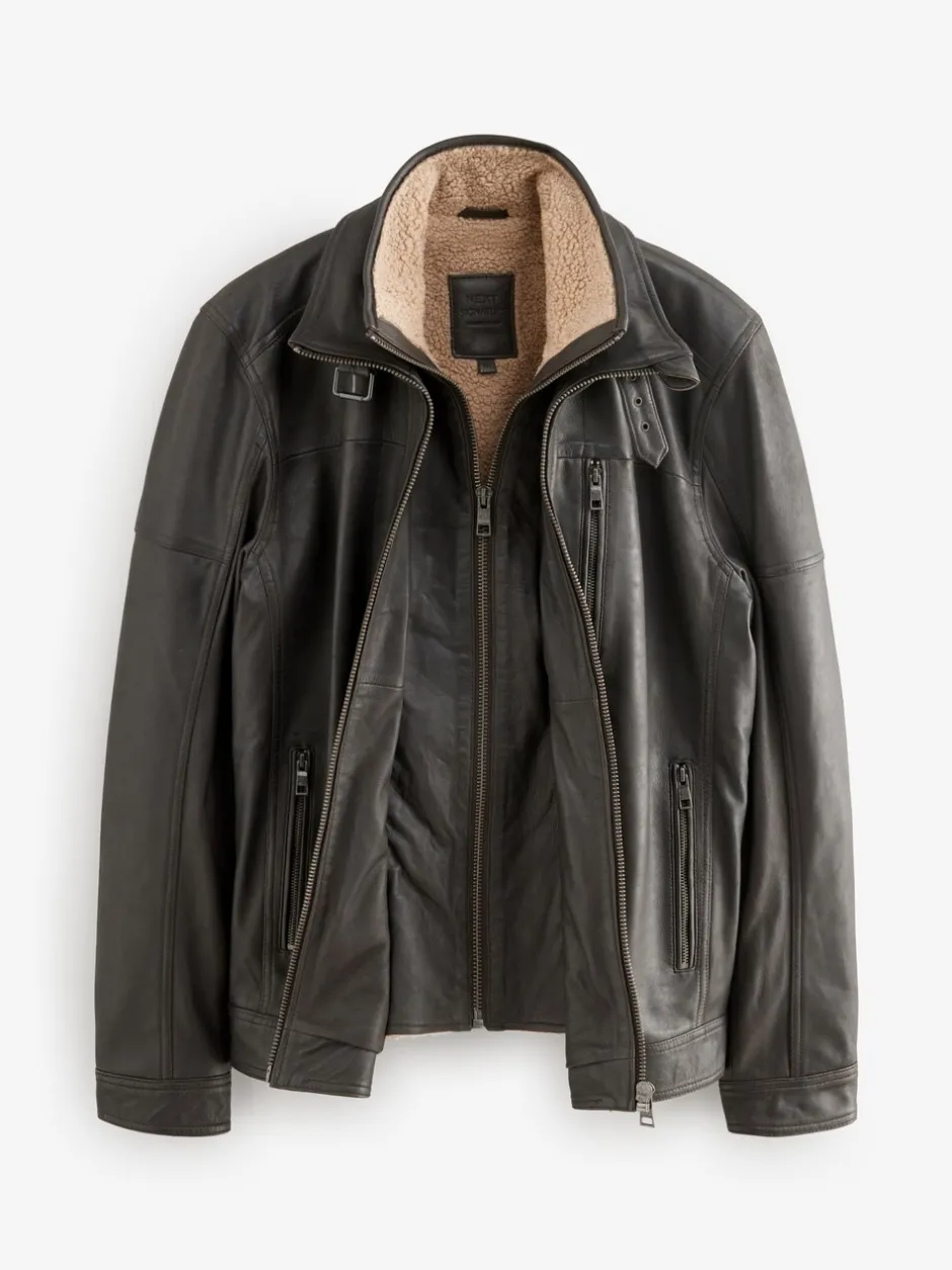 Jassen En Jacks*Next - Signature Four Pocket Borg Lined Leather Jacket Bruin