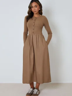 Jurken|Threadbare - 2-in-1 Jersey Poplin Mix Button Down Dress Bruin