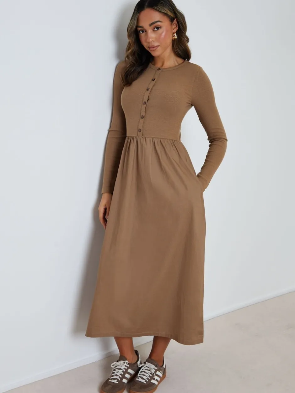 Jurken|Threadbare - 2-in-1 Jersey Poplin Mix Button Down Dress Bruin