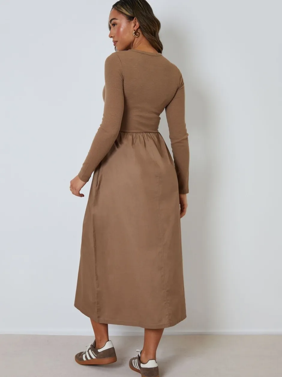Jurken|Threadbare - 2-in-1 Jersey Poplin Mix Button Down Dress Bruin