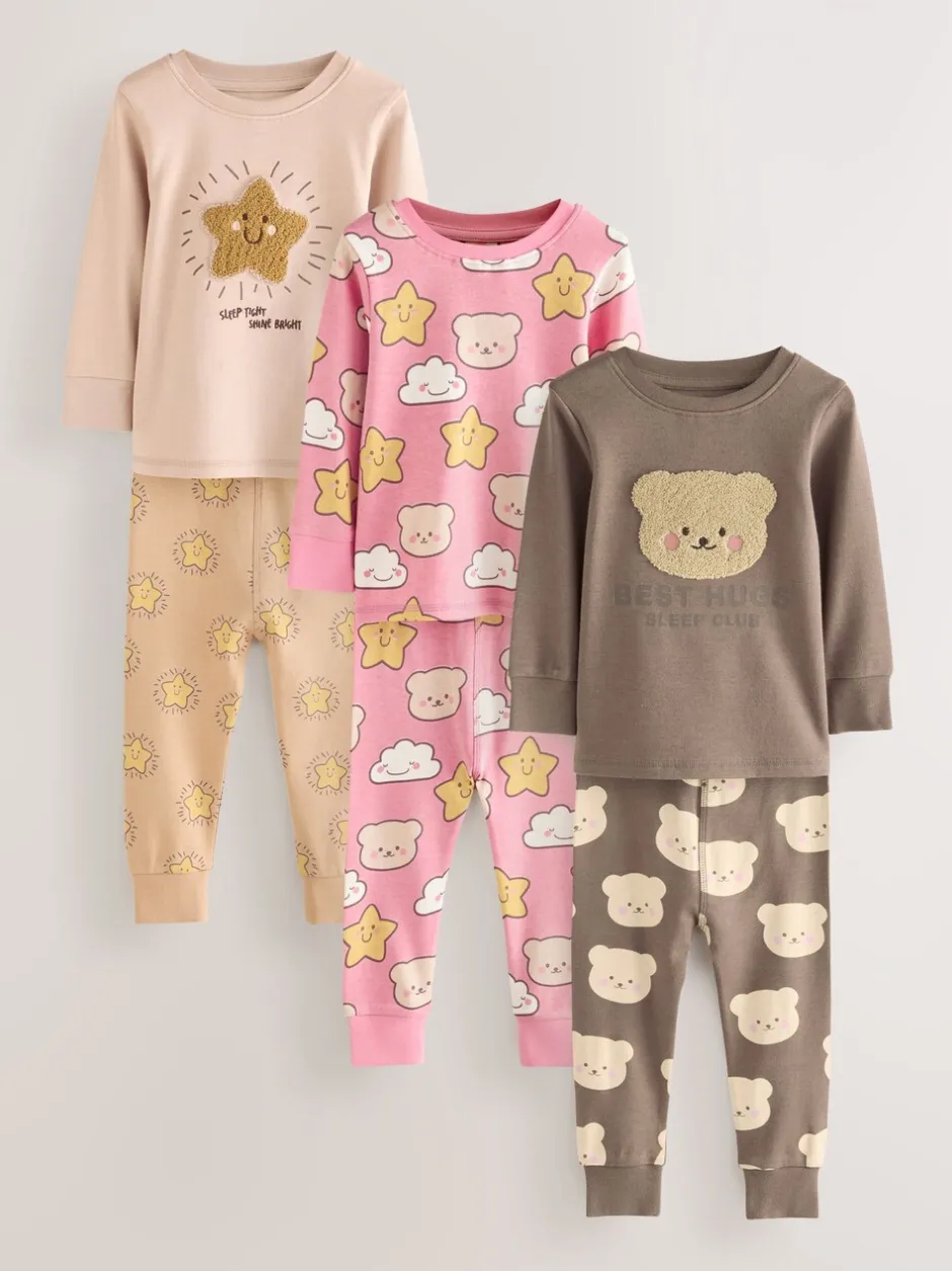 Nachtkleding En Pyjama's|Pyjama's|Next - Verpakking van 3 knusse pyjama's (9 mnd-9 jr) Bruin met beer/Ster