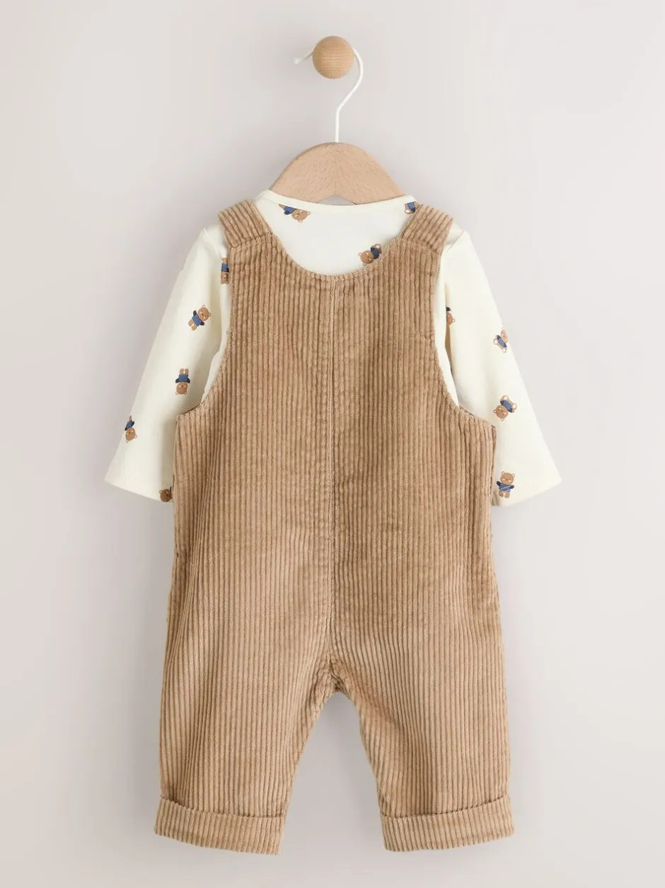 Rompertjes En Tuinbroeken|Sets En Outfits*Next Bruin met bruine beer - Corduroy bretelbroeken en Bodysuit set (0mnd-2jr)