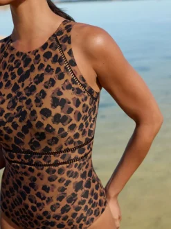 Badkleding|Next - Hoogsluitend ondersteunend badpak met buikcorrigerend effect Bruin met dierenprint