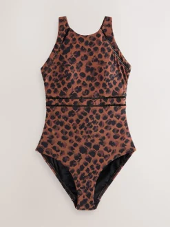 Badkleding|Next - Hoogsluitend ondersteunend badpak met buikcorrigerend effect Bruin met dierenprint