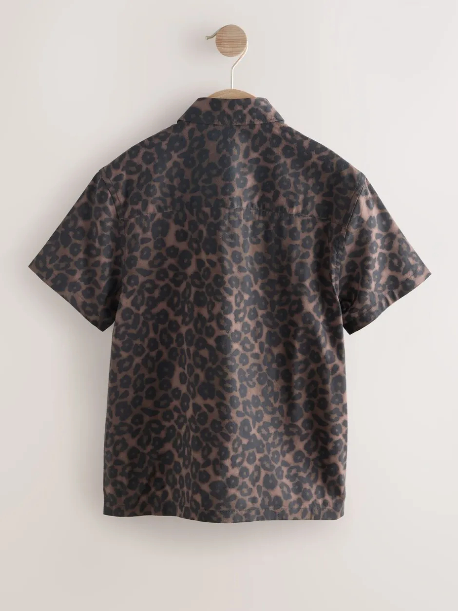 Shirts|Next Bruin met dierenprint - Overhemd met print en korte mouwen (3-16 jr)