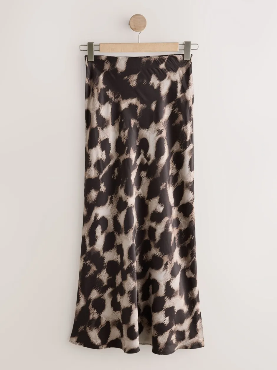 Rokken*Next - Satijnen midirok Bruin met dierenprint