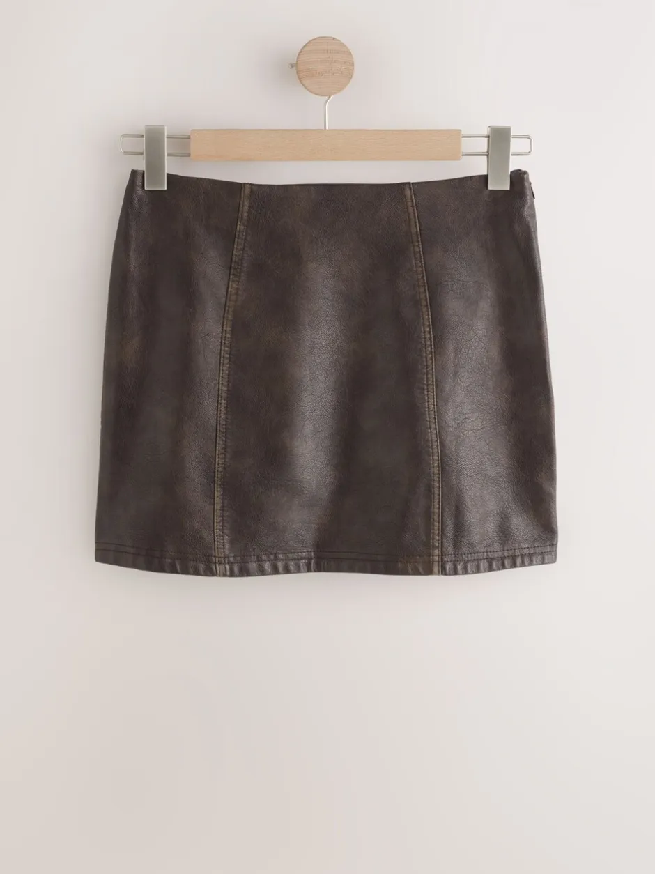Rokken|Next - Minirok van imitatieleer Bruin met distressed-effect