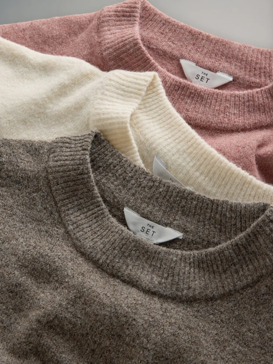 Gebreide Kleding*The Set - 3 Pack gebreide truien met ronde hals en wol Bruin/donkerroze/crèmekleurig