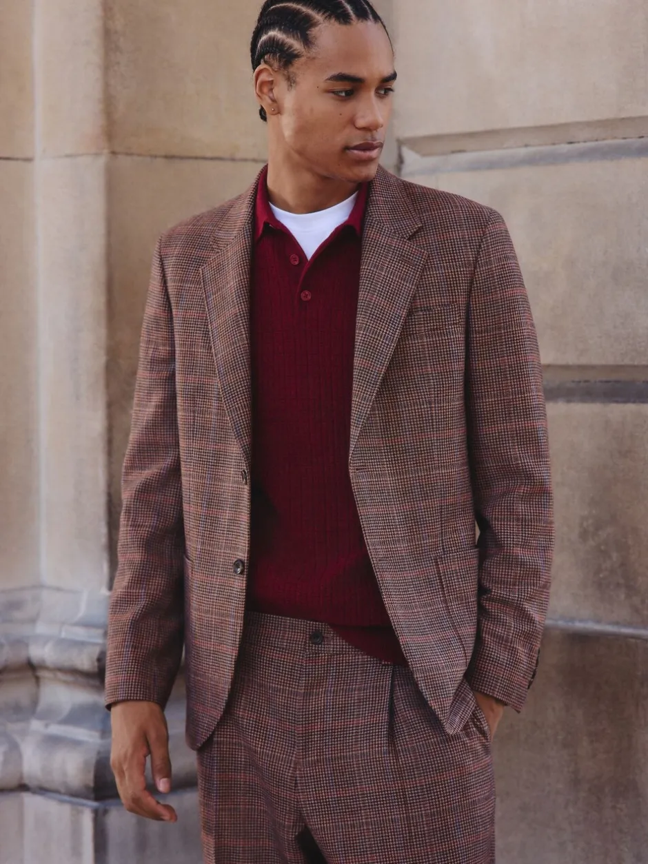 Pakken*Next Bruin/rood - Slim fit wolmix geruit pak: jack