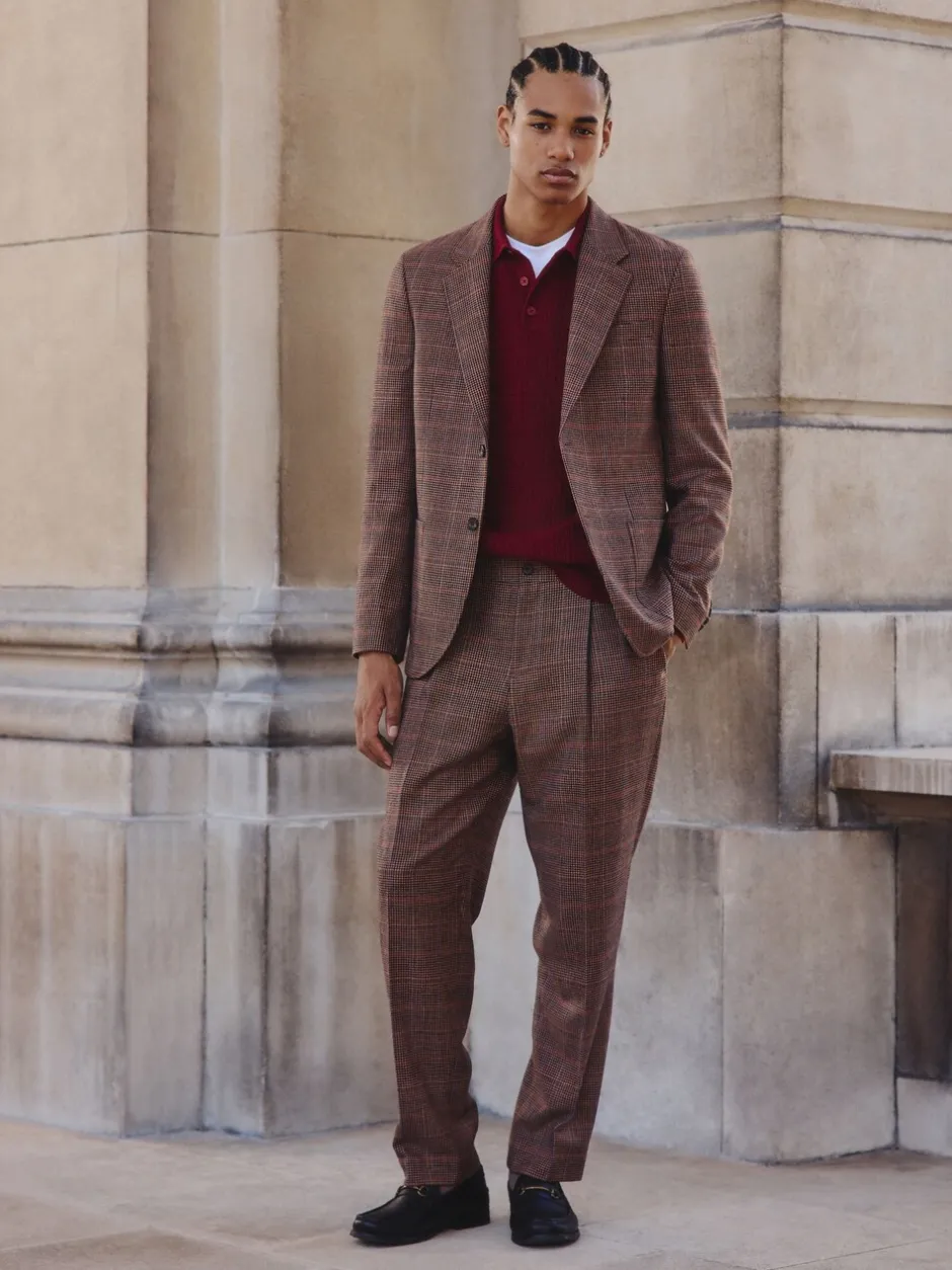 Pakken*Next Bruin/rood - Slim fit wolmix geruit pak: jack
