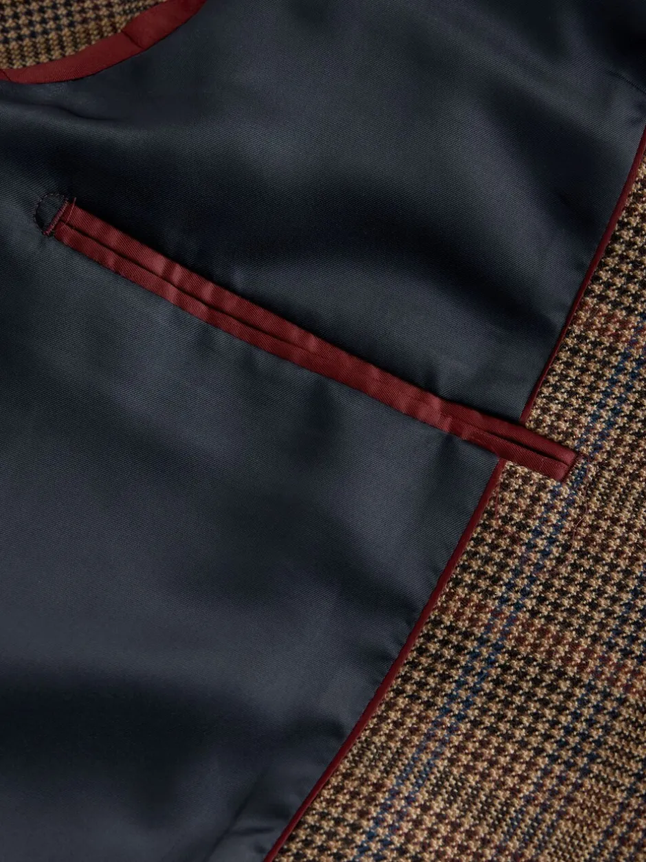Pakken*Next Bruin/rood - Slim fit wolmix geruit pak: jack