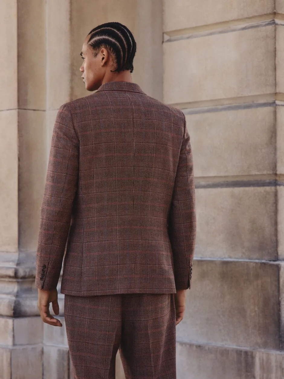 Pakken*Next Bruin/rood - Slim fit wolmix geruit pak: jack