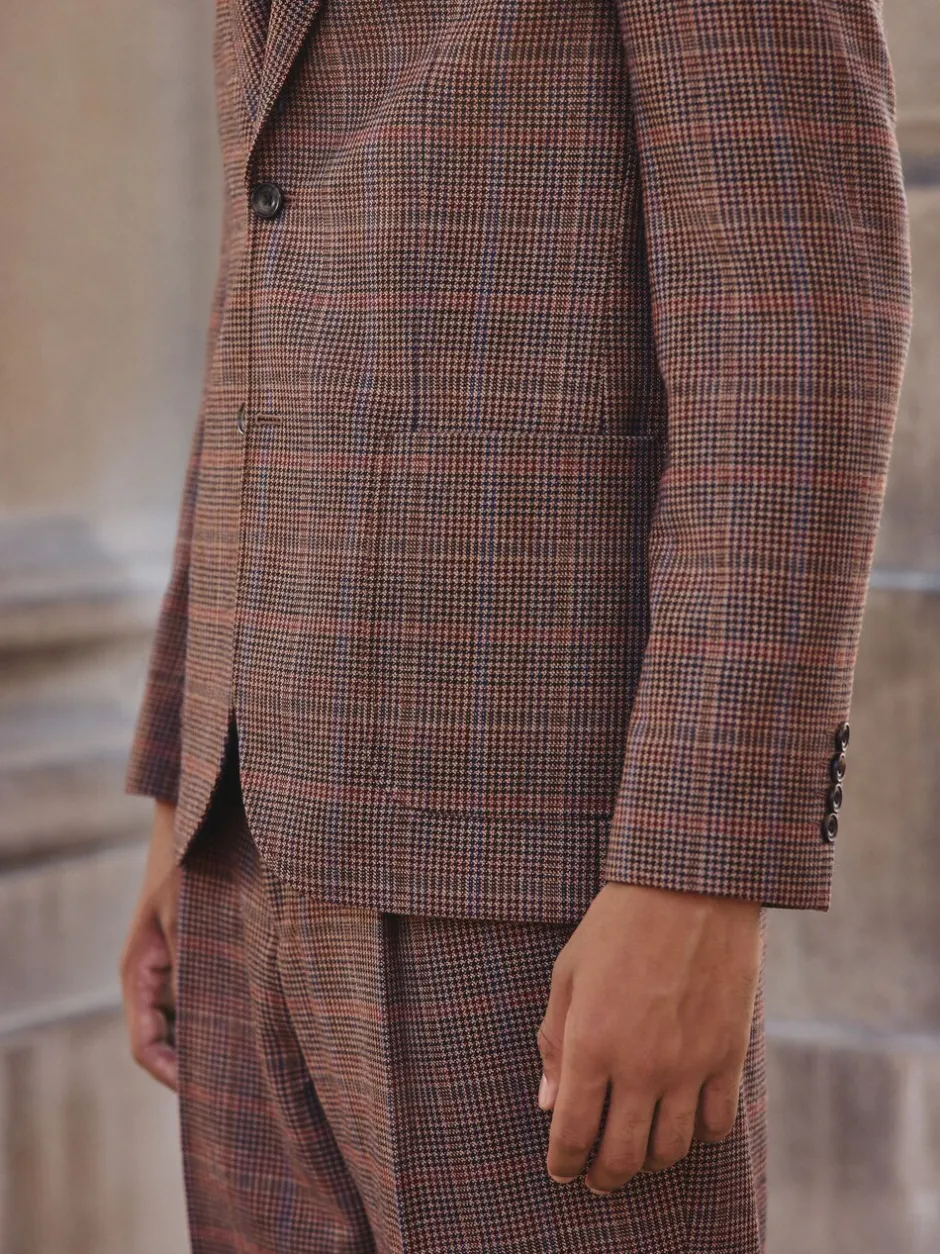 Pakken*Next Bruin/rood - Slim fit wolmix geruit pak: jack