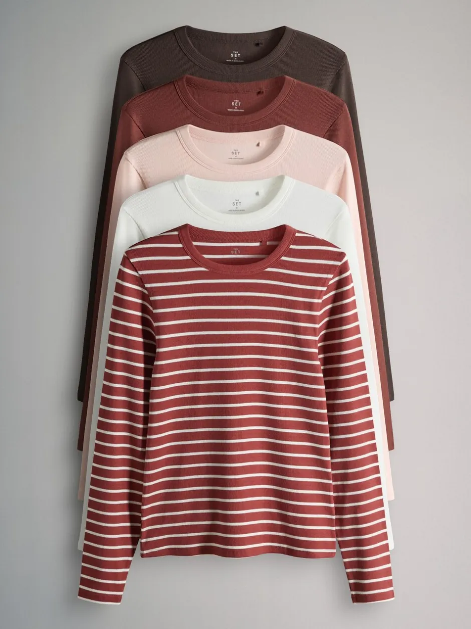 Tops En T-Shirts*The Set Bruin/Roze/Wit/Strepen - van 5 geribbelde T-shirts met lange mouwen