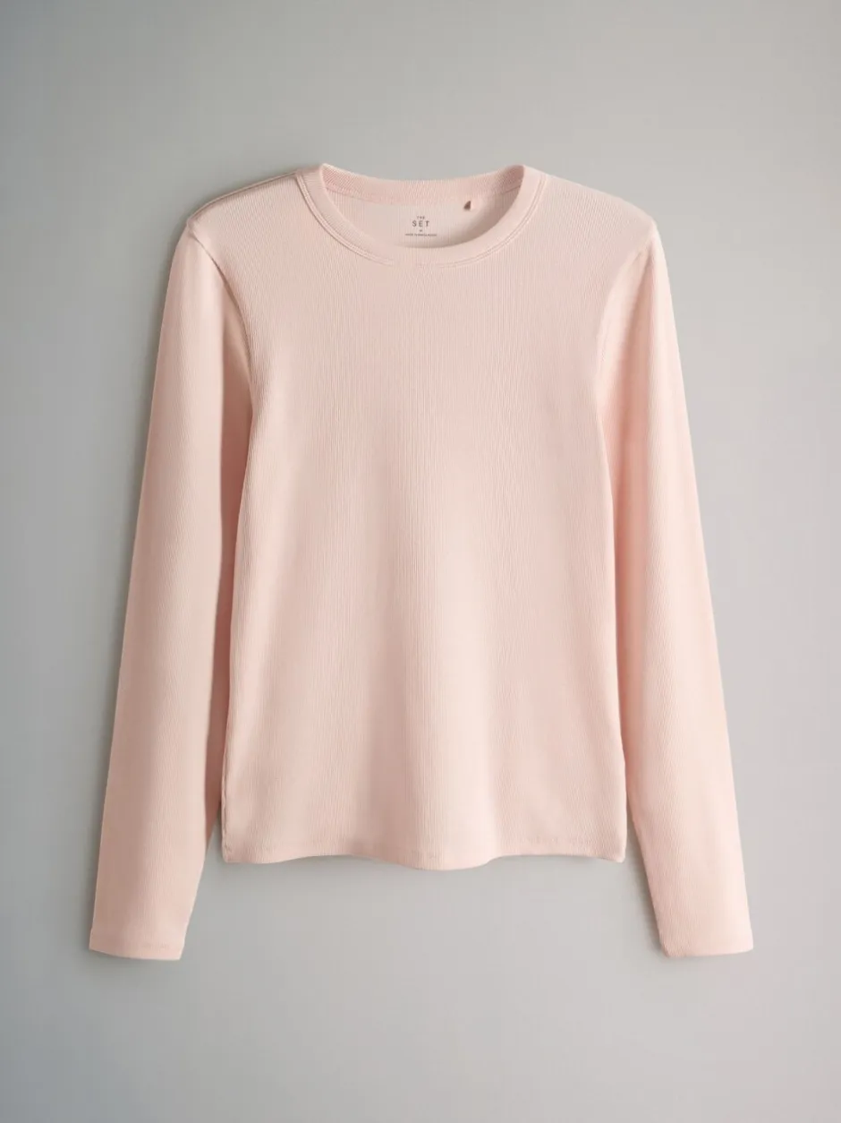Tops En T-Shirts*The Set Bruin/Roze/Wit/Strepen - van 5 geribbelde T-shirts met lange mouwen