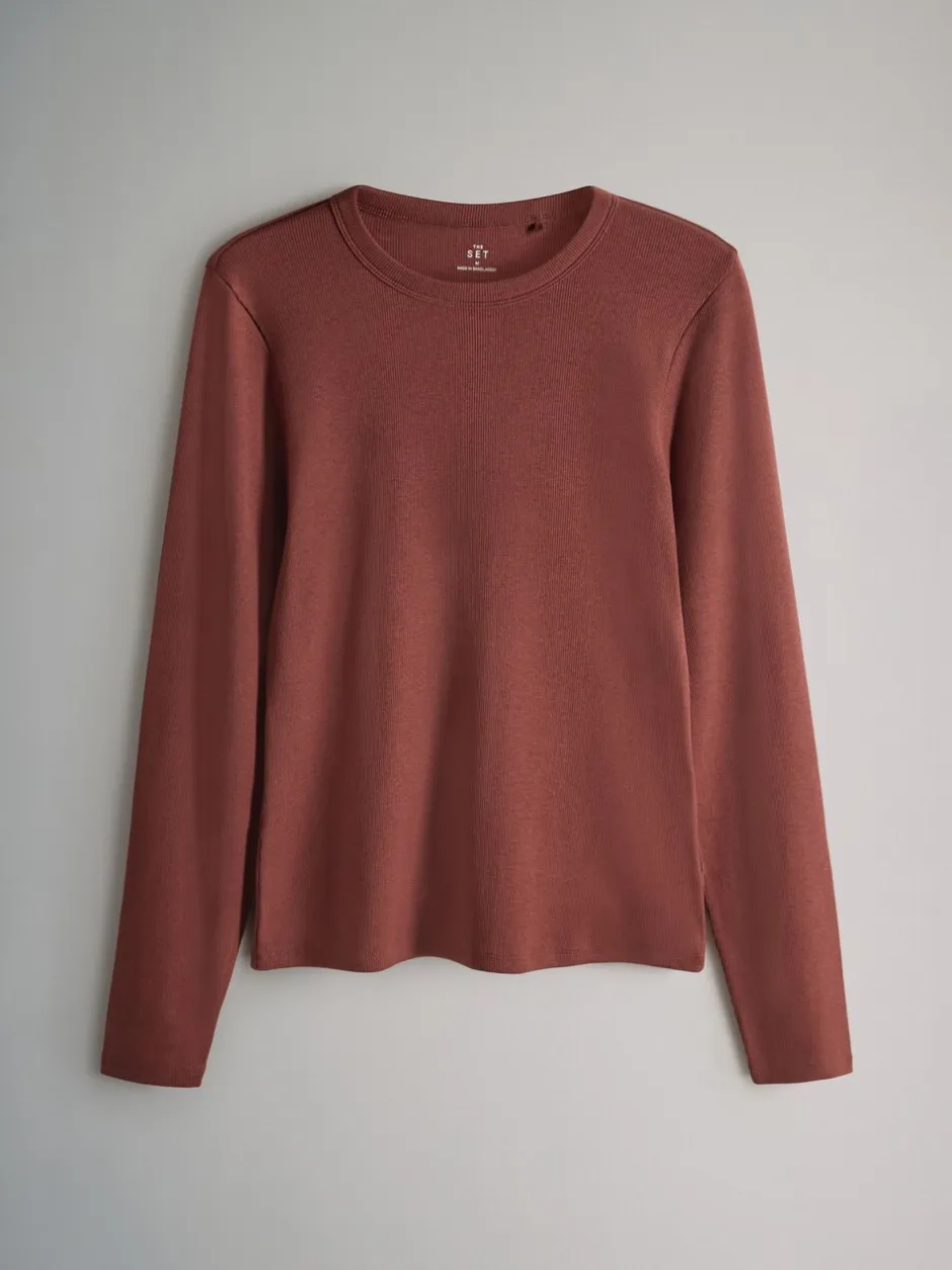 Tops En T-Shirts*The Set Bruin/Roze/Wit/Strepen - van 5 geribbelde T-shirts met lange mouwen
