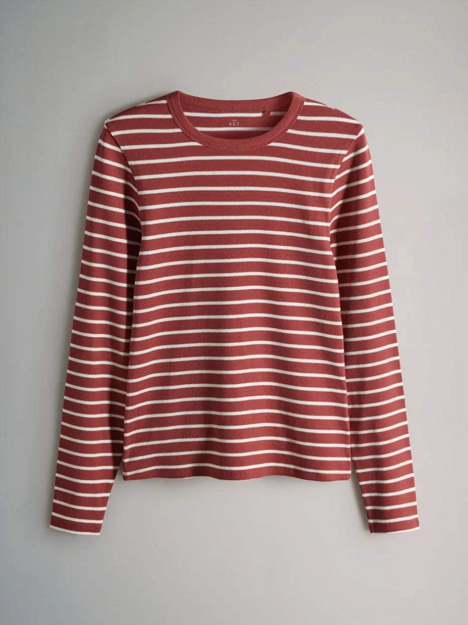 Tops En T-Shirts*The Set Bruin/Roze/Wit/Strepen - van 5 geribbelde T-shirts met lange mouwen