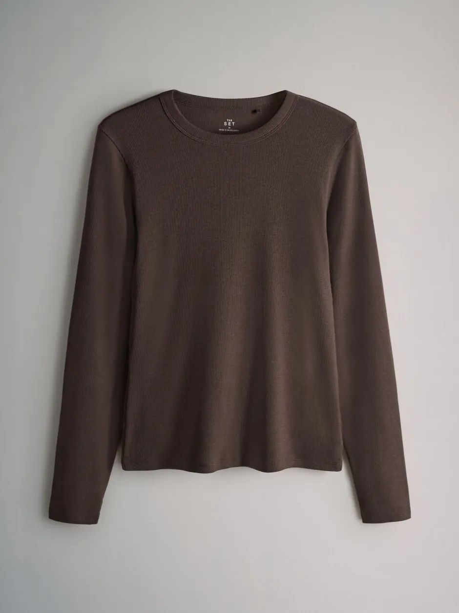 Tops En T-Shirts*The Set Bruin/Roze/Wit/Strepen - van 5 geribbelde T-shirts met lange mouwen
