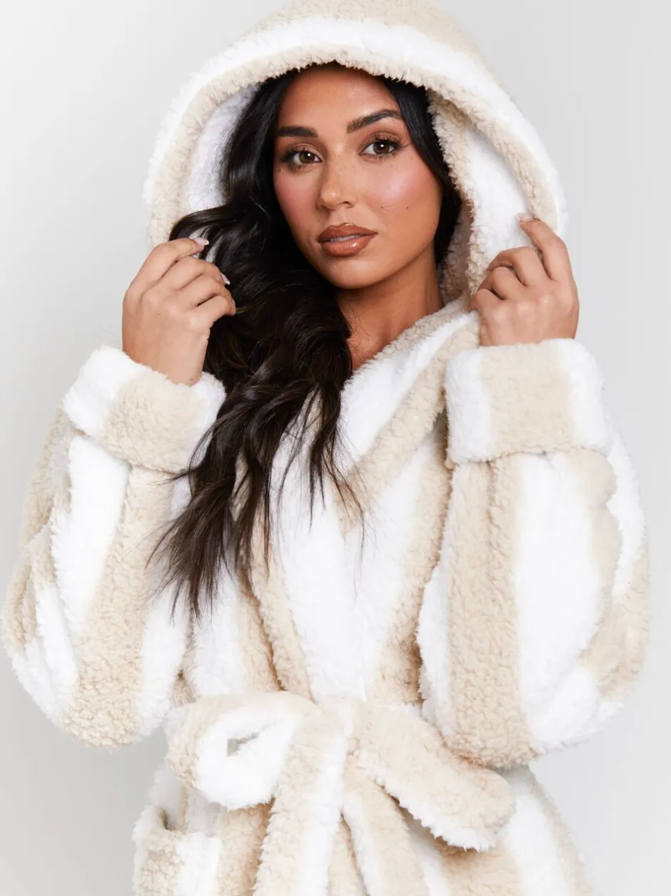 Badjassen|Loungeable - - Dikke gestreepte midi-badjas met capuchon van sherpa Bruin/wit