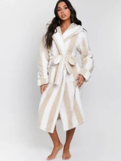 Badjassen|Loungeable - - Dikke gestreepte midi-badjas met capuchon van sherpa Bruin/wit