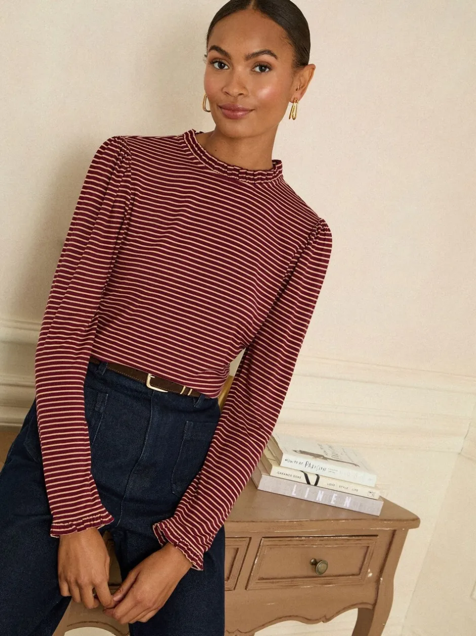 Blouses En Overhemden|Love & Roses Burgundy Red And Beige Stripe - jersey top met ruches aan de hals en lange mouwen