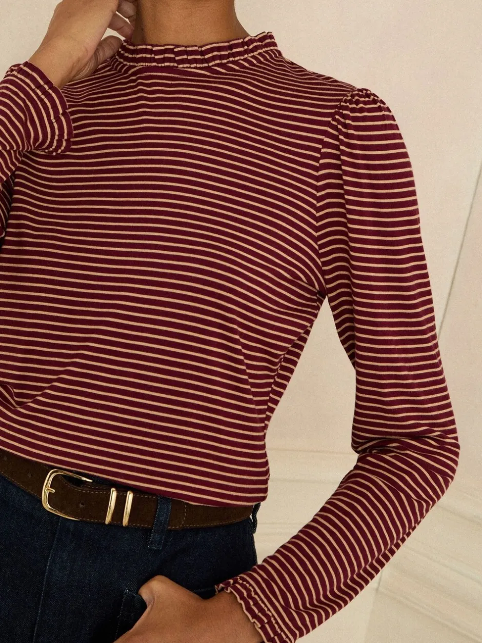 Blouses En Overhemden|Love & Roses Burgundy Red And Beige Stripe - jersey top met ruches aan de hals en lange mouwen