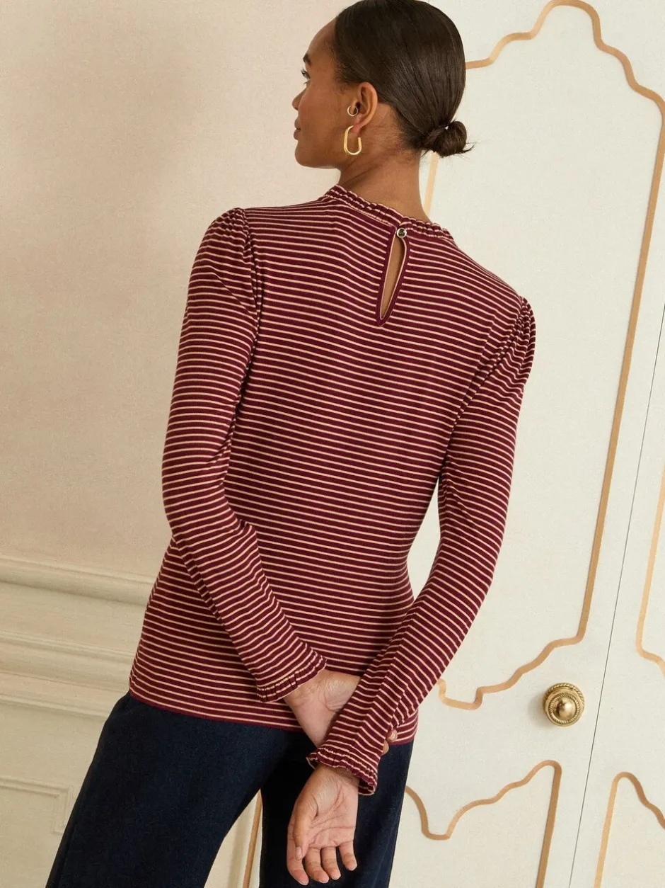 Blouses En Overhemden|Love & Roses Burgundy Red And Beige Stripe - jersey top met ruches aan de hals en lange mouwen
