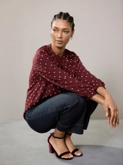 Blouses En Overhemden|Next Burgundy Red Polka Dot - Blouse met V-hals en lange mouwen