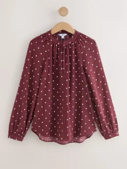 Blouses En Overhemden|Next Burgundy Red Polka Dot - Blouse met V-hals en lange mouwen