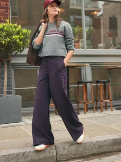 Kostuums En Werkkleding|Broeken*Next Burgundy Red/Navy Blue Check - Ruit Wijde pijpen Tailored Broeken