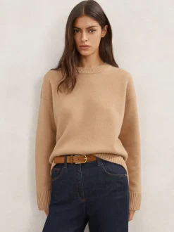 Gebreide Kleding|Reiss Camel - Ella wollen kasjmier trui met ronde hals