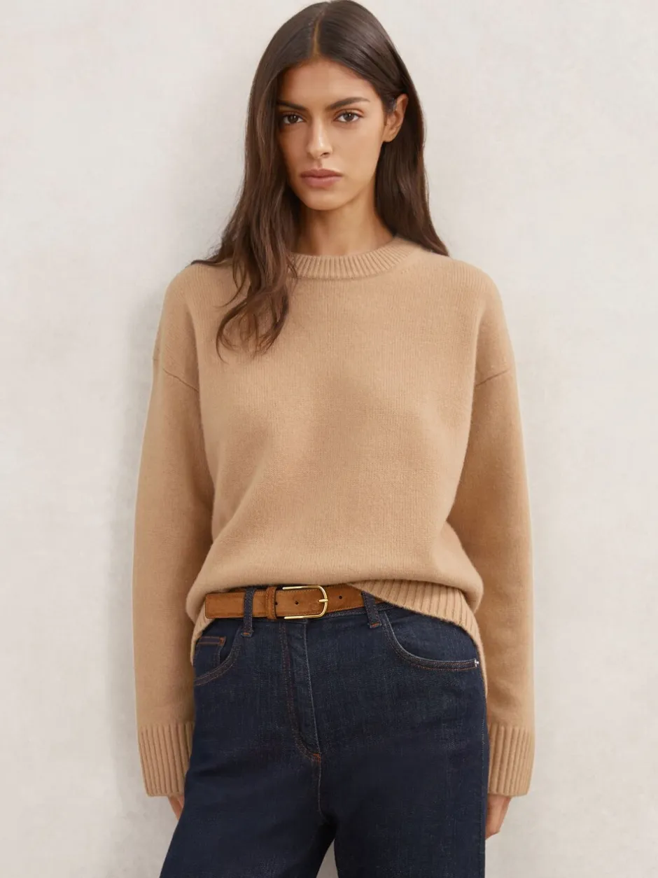 Gebreide Kleding|Reiss Camel - Ella wollen kasjmier trui met ronde hals