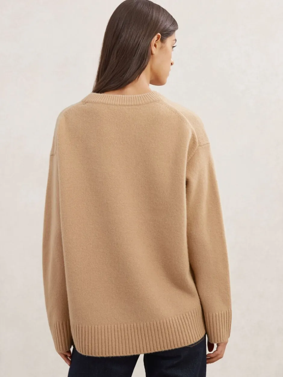Gebreide Kleding|Reiss Camel - Ella wollen kasjmier trui met ronde hals