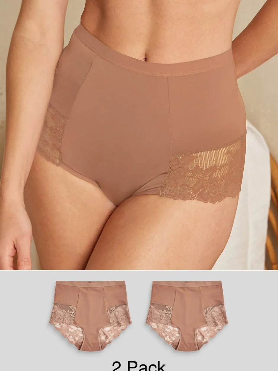 Shapewear*Next - Verpakking van 2 Braziliaanse slipjes met kanten achterkant en buikcorrigerend effect en print Caramel-nude
