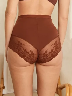 Shapewear*Next - Verpakking van 2 Braziliaanse slipjes met kanten achterkant en buikcorrigerend effect en print Caramel-nude
