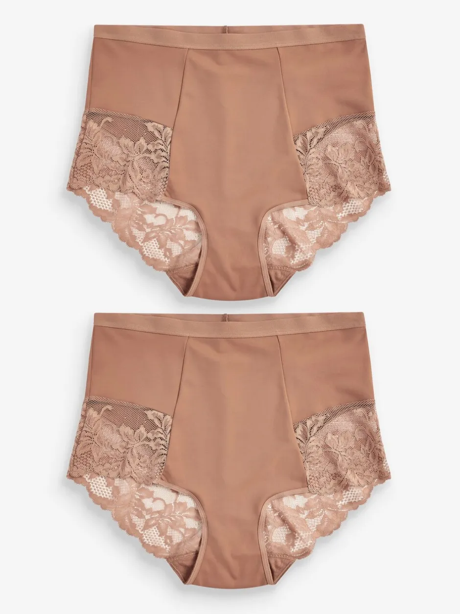 Shapewear*Next - Verpakking van 2 Braziliaanse slipjes met kanten achterkant en buikcorrigerend effect en print Caramel-nude