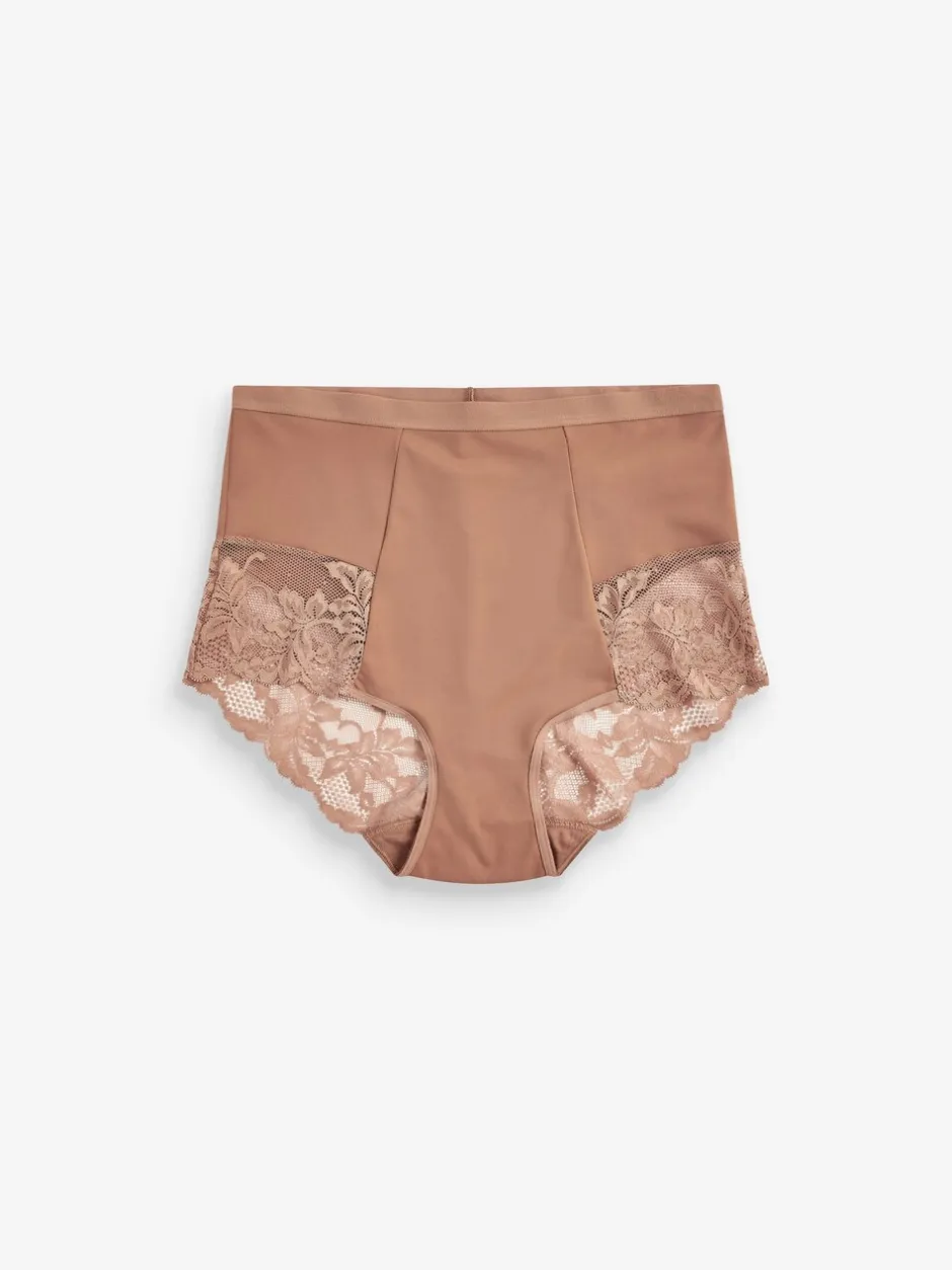 Shapewear*Next - Verpakking van 2 Braziliaanse slipjes met kanten achterkant en buikcorrigerend effect en print Caramel-nude