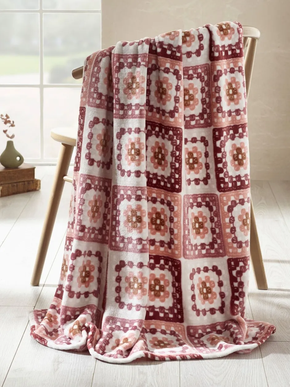Catherine Lansfield|Catherine Lansfield Crochet Print Blanket Throw Roze