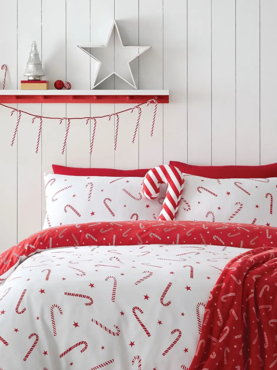 Catherine Lansfield*Catherine Lansfield strijkvrij Dekbedovertrek Set met Kerstmis Candy Cane print