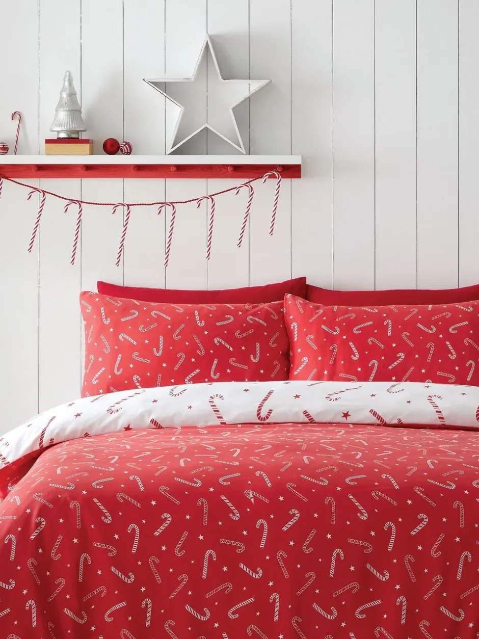 Catherine Lansfield*Catherine Lansfield strijkvrij Dekbedovertrek Set met Kerstmis Candy Cane print