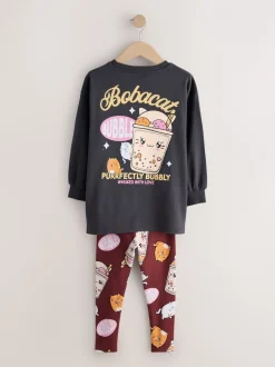 Tops|T-Shirts*Next Charcoal Grey Bubble Tea - Graphic Print Top and Leggings Set (3-16yrs)