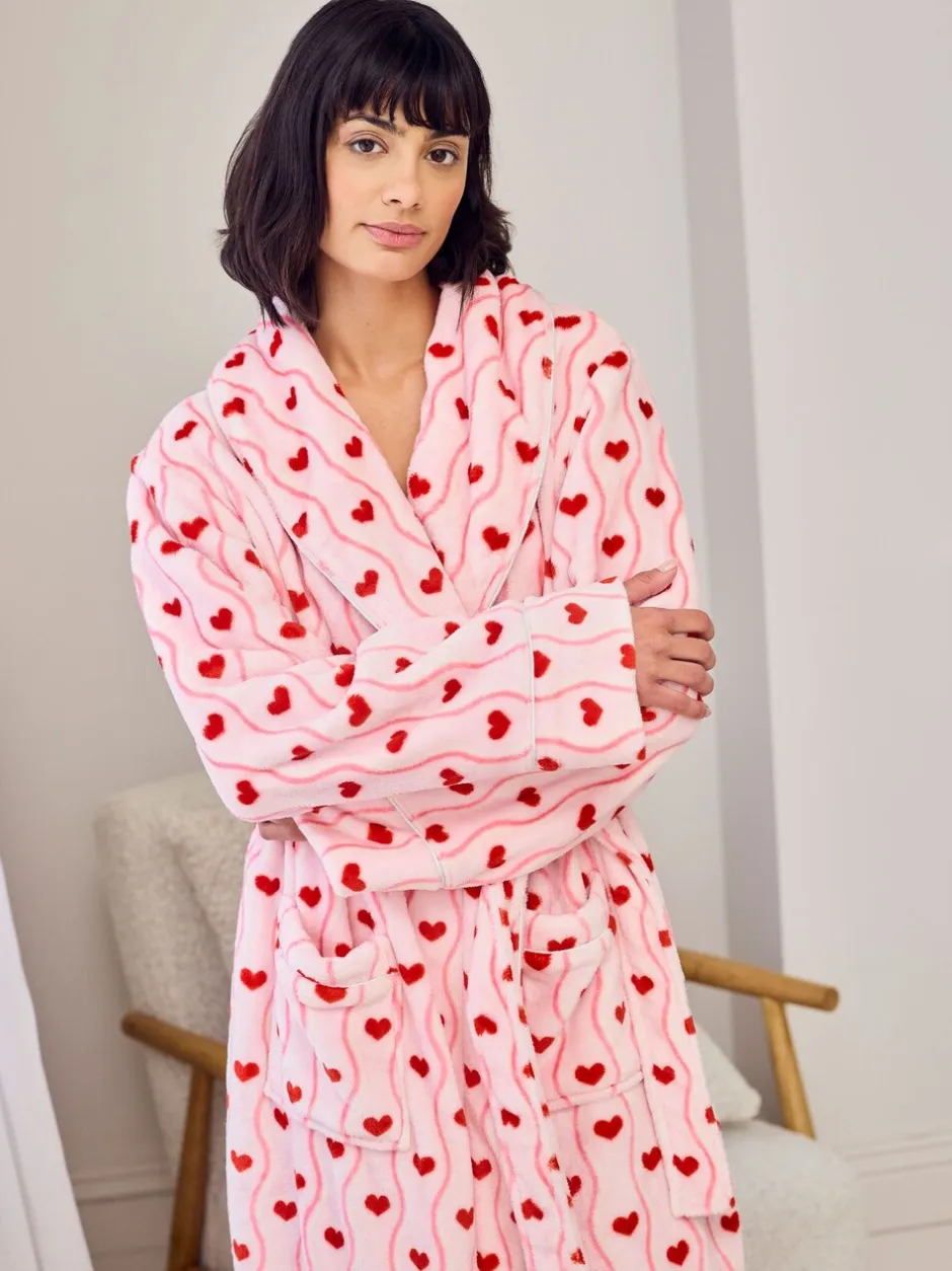 Badjassen*Chelsea Peers Fleece Wavy Stripe Heart Print Long Dressing Gown