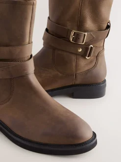 Ruimvallend En Extraruimvallend|Boots|Next - Forever Comfort® Borg Lined Buckle Trim Ankle Boots Chestnut Brown Oiled Leather