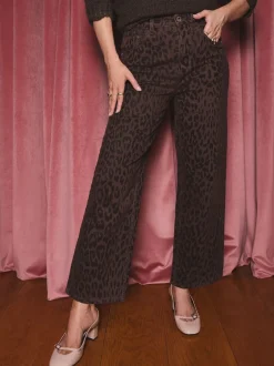 Jeans|Love & Roses Chocolade Bruin Luipaard Print met fluweel - cropped jeans met wijde pijpen