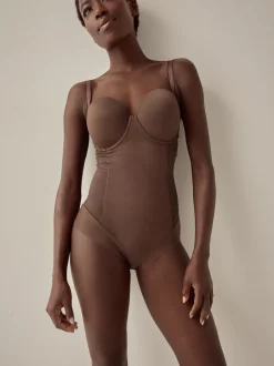 Shapewear|Next - DD+ kanten tummy control body met lichte vulling Chocolade nude