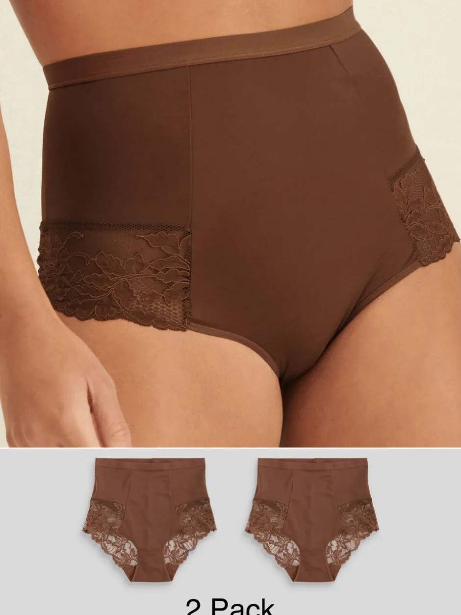 Shapewear*Next - Verpakking van 2 Braziliaanse slipjes met kanten achterkant en buikcorrigerend effect en print Chocolade nude