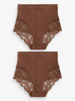 Shapewear*Next - Verpakking van 2 Braziliaanse slipjes met kanten achterkant en buikcorrigerend effect en print Chocolade nude